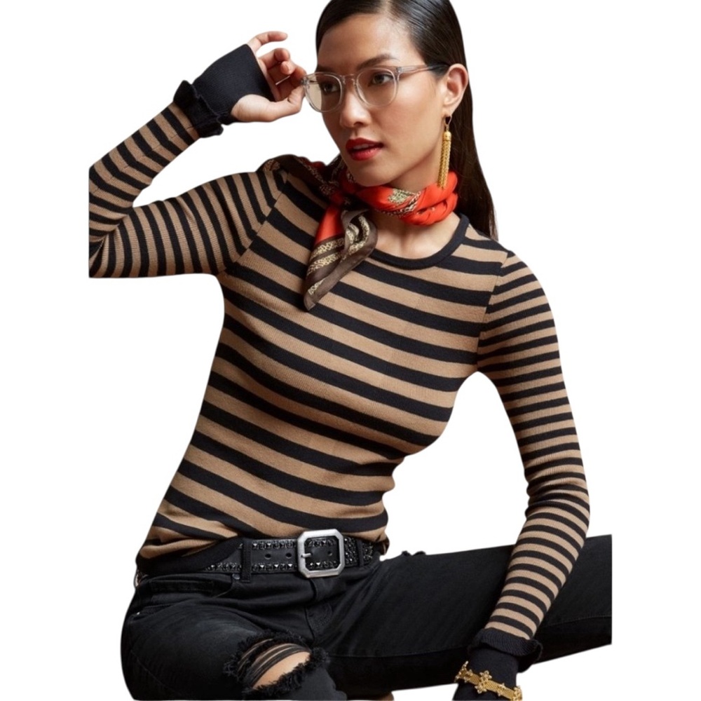 Women’s CAbi Size Med #3480 Tan/Black Earn Your Stripes Thumb Hole Knit Sweater